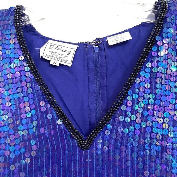 Vintage Stenay Silk Sequin Top V-Neck Short Sleeve Blue Small 80s - Picture 3 of 8